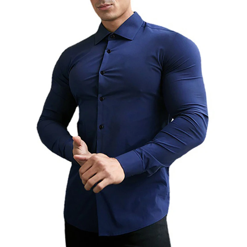 New Fashion Casual long Sleeve Solid Shirt Mens Super Slim Fit Male Social Business Dress Shirt Men Gym Fitness Sports Clothing