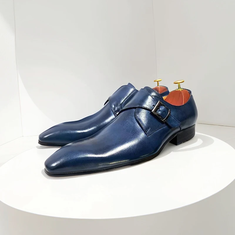 

Monk Shoes Men Calfskin Leather Slip-Ons Solid Color Dress Shoes Pointed Toe Buckle Straps Men Business Wedding Shoes Handmade