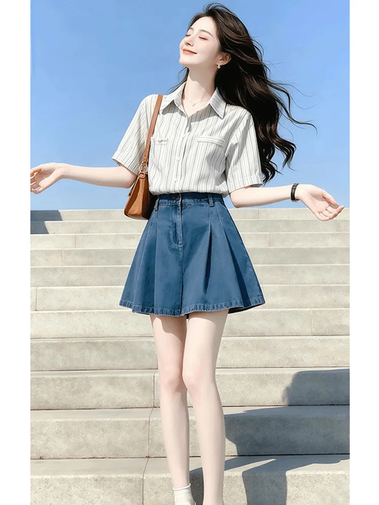 

Summer New Women's College Style Neck Striped Short Sleeve Shirt A-Line Skirt Pants Two-Piece Set Casual Breathable