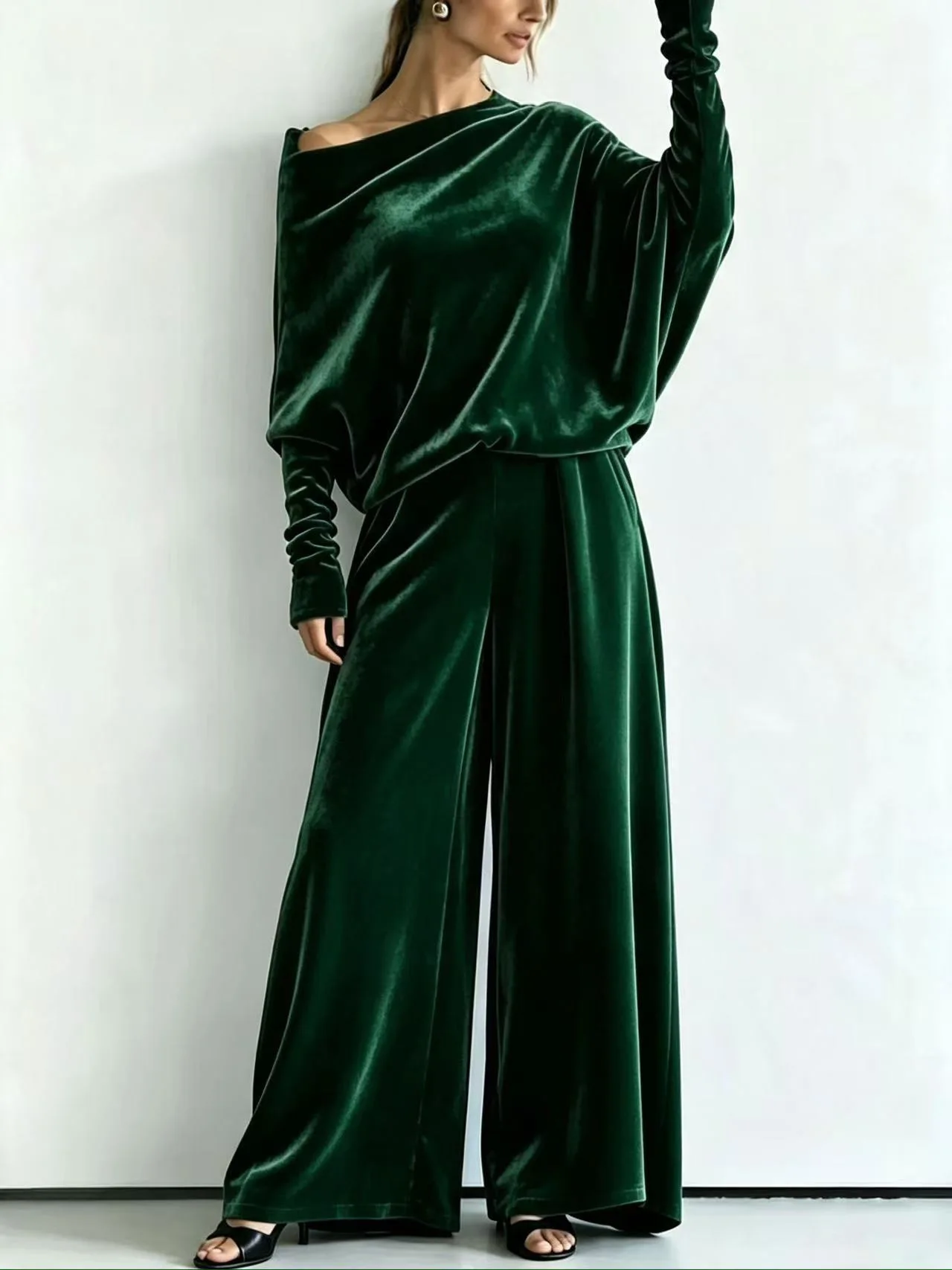 MsChuh Women's Matching Sets Ropa Mujer Woman Clothing Velvet Off Shoulder Long Sleeve Top Wide Leg Pant Two Piece Party Outfit