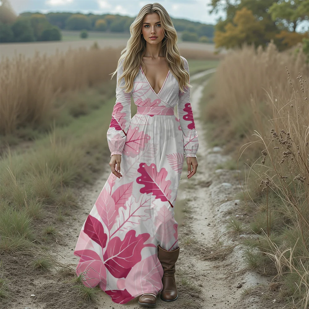 فستان ماكسي بوهو استوائي للنساء مثير بفتحة رقبة شكل v عميقة فستان شيفون منفوش لقضاء العطلات والمهرجانات الخريفية وحفلات الشاطئ ثوب طويل