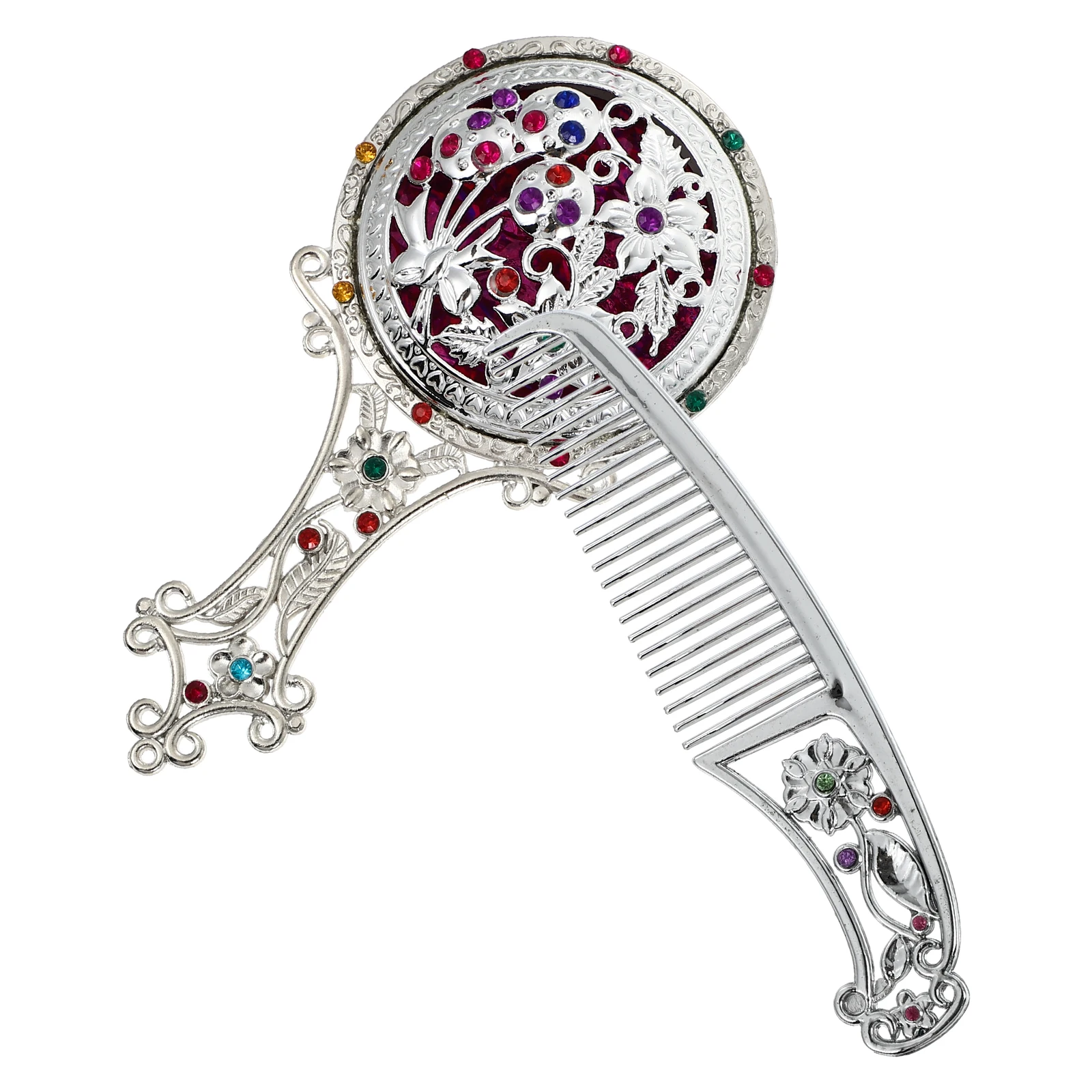 

Retro Floral Comb Set Compact Mirror with Brush Makeup Alloy Glass Portable Miss Vanity