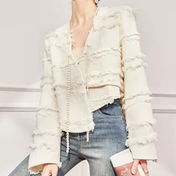 Spring Autumn Women's Short Fashion Solid Color V-neck Spliced Tassel Xiaoxiangfeng Long Sleeve Cardigan Beading Thin Tops Coats