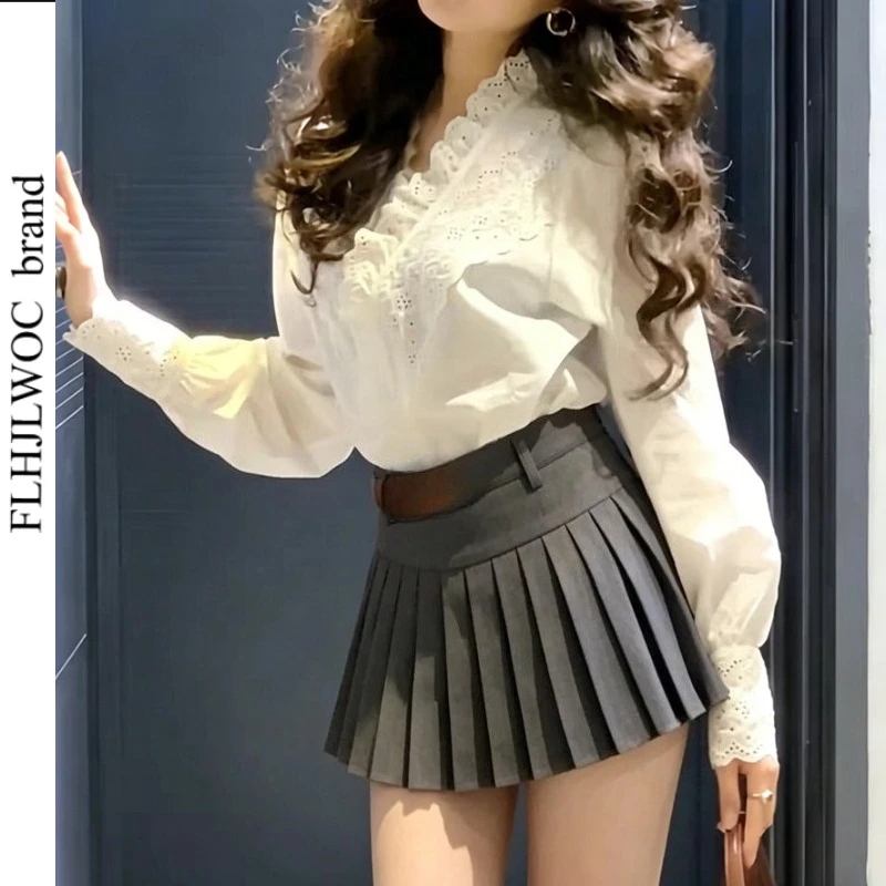 

Hollow Out Lace Tops Blouse 2026 New Fashion Woman Elegant Office Lady Long Sleeve Chic Korea Style Commuter Basics White Shirts