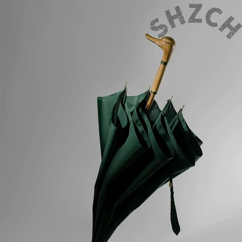 vintage-style-duck-head-handle-umbrella-with-solid-wood-shaft-–-elegant-long-handle-rain-walking-cane-umbrella-for-men
