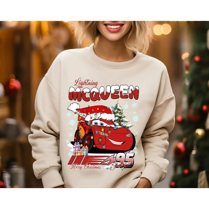 سويت شيرت Lightning McQueen Christmas Retro Cartoon Car لعيد الميلاد الخفيف، بلوفر مريح برقبة دائرية لخريف وشتاء
