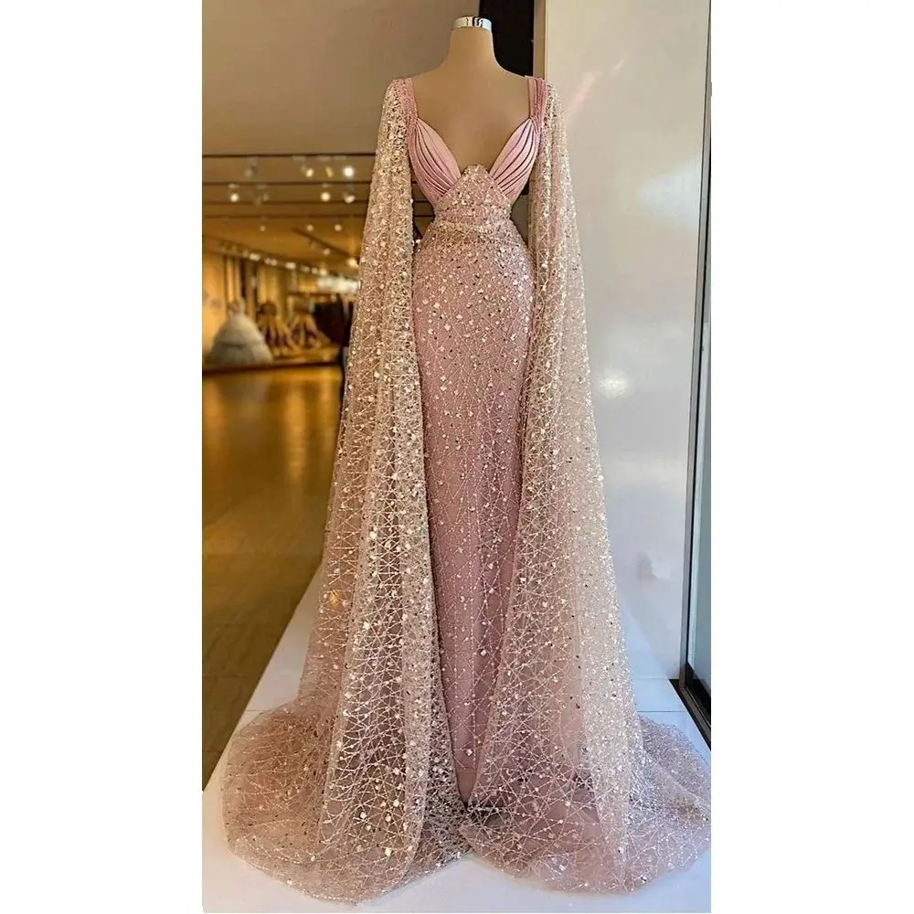 Luxury Pink Pearl Embroidered Long Sleeves Evening Dress New Fashion Female Floor Length Party Prom Gowns