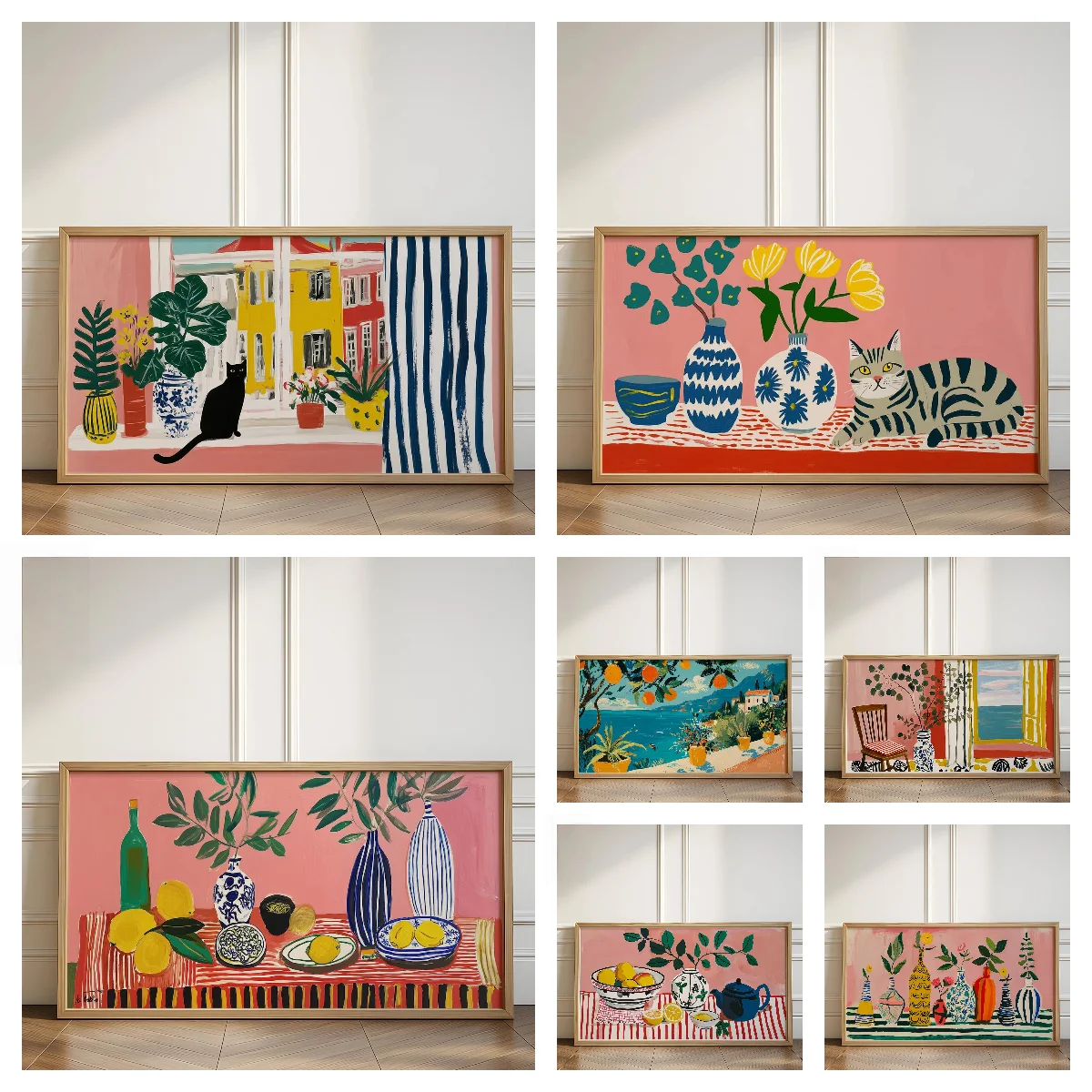 Série Matisse: Arte de Parede em Tela com Gato Preto Abstrato e Flores Coloridas em Vaso, Pintura Moderna em Tela sem Moldura para Decoração de Sala d