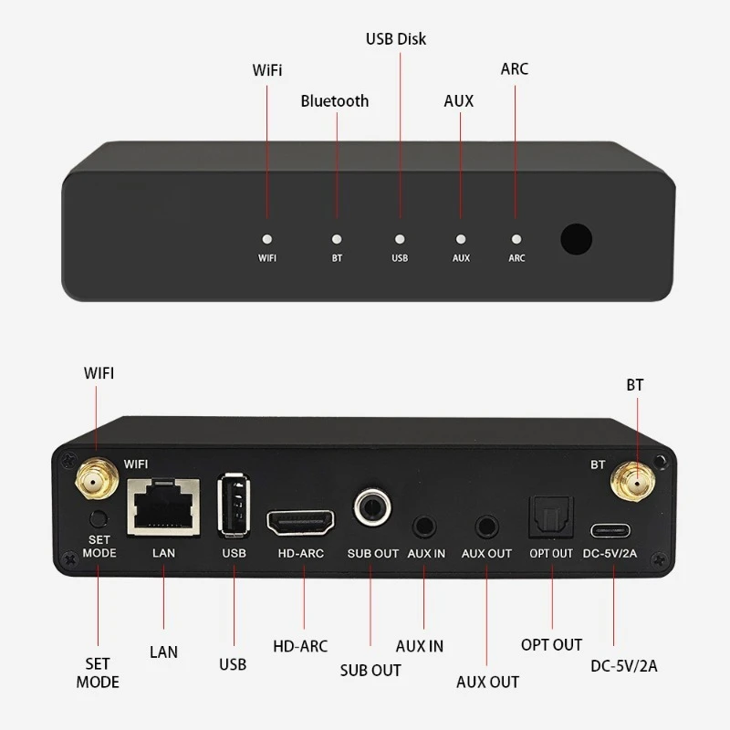 Многофункциональный HiFi-аудио-стример с поддержкой WiFi, BT5.0, AirPlay, DLNA, LAN, воспроизведением с USB-накопителя, HD-ARC, AUX и оптическим выходом.