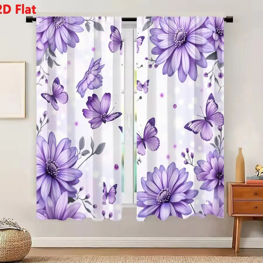 2Pcs Curtains 2D Flat Large Vibrant Purple Flowers And Butterflies On Light Lavender Background Window Drapes for Bedroom Room D
