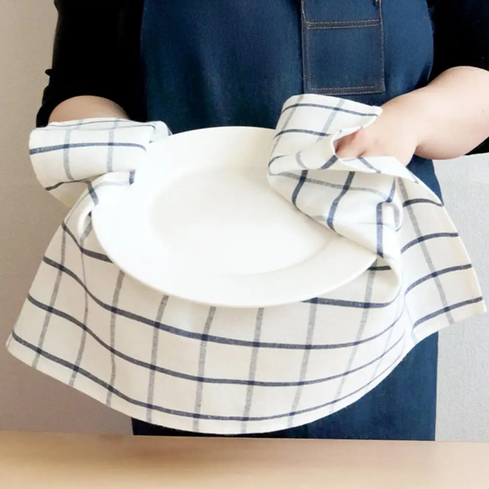 Durable Kitchen Towels Absorbent Blue Grid Striped Kitchen Dish Towel Set Quick Drying Tea Towels for Glassware for Tableware