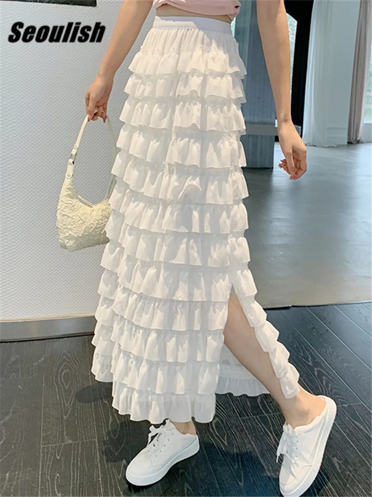 Seoulish High Waist Women's Party Pleated Cake Skirts Spring Summer Chiffon Korean Casual A-Line Mi-long Skirts Female 2023 New