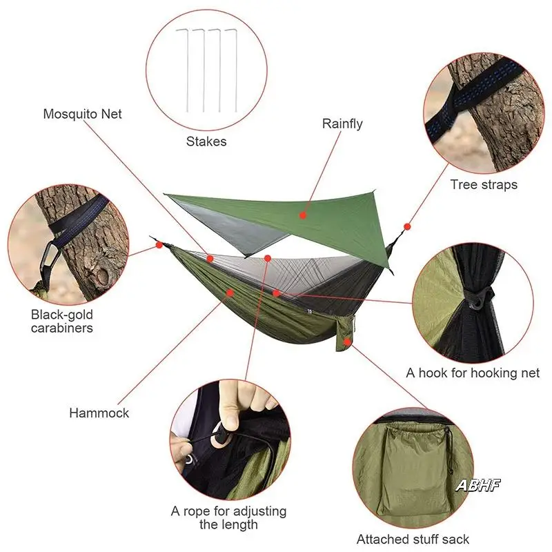 

Camping Hammock With Rainfly Tarp And Mosquito Net, Portable Parachute Hammock For Hiking Outdoor Travel Backyard