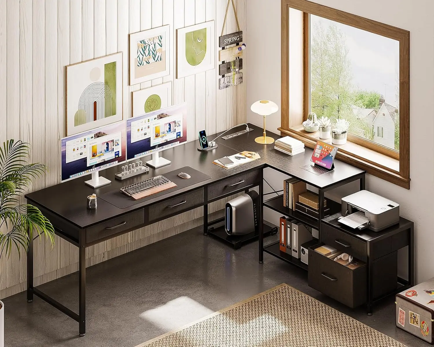 L Shaped Computer Desk with Fabric Drawers and File Cabinet, 61