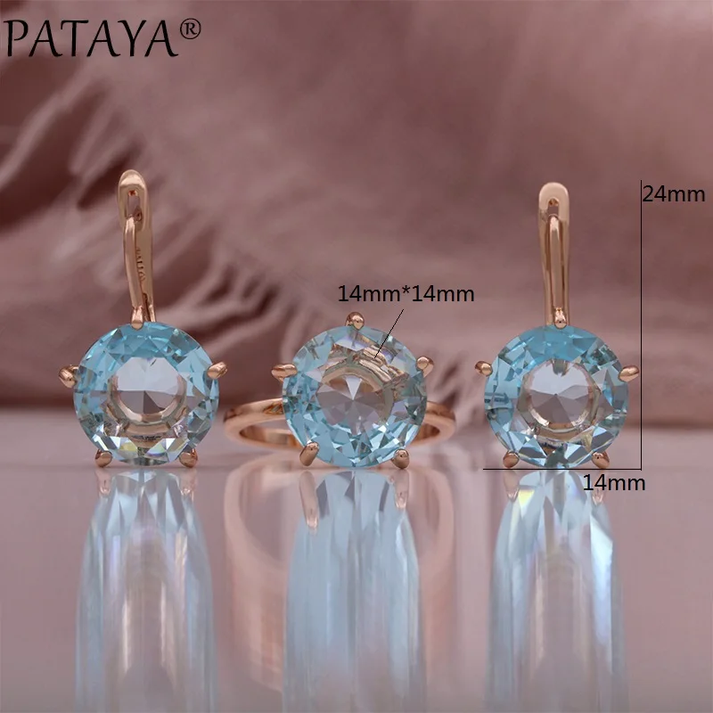 PATAYA New 585 Rose Gold Color Earrings Ring Sets For Women Blue Round Natural Zircon Bride Rings Wedding Fashion Jewelry Sets