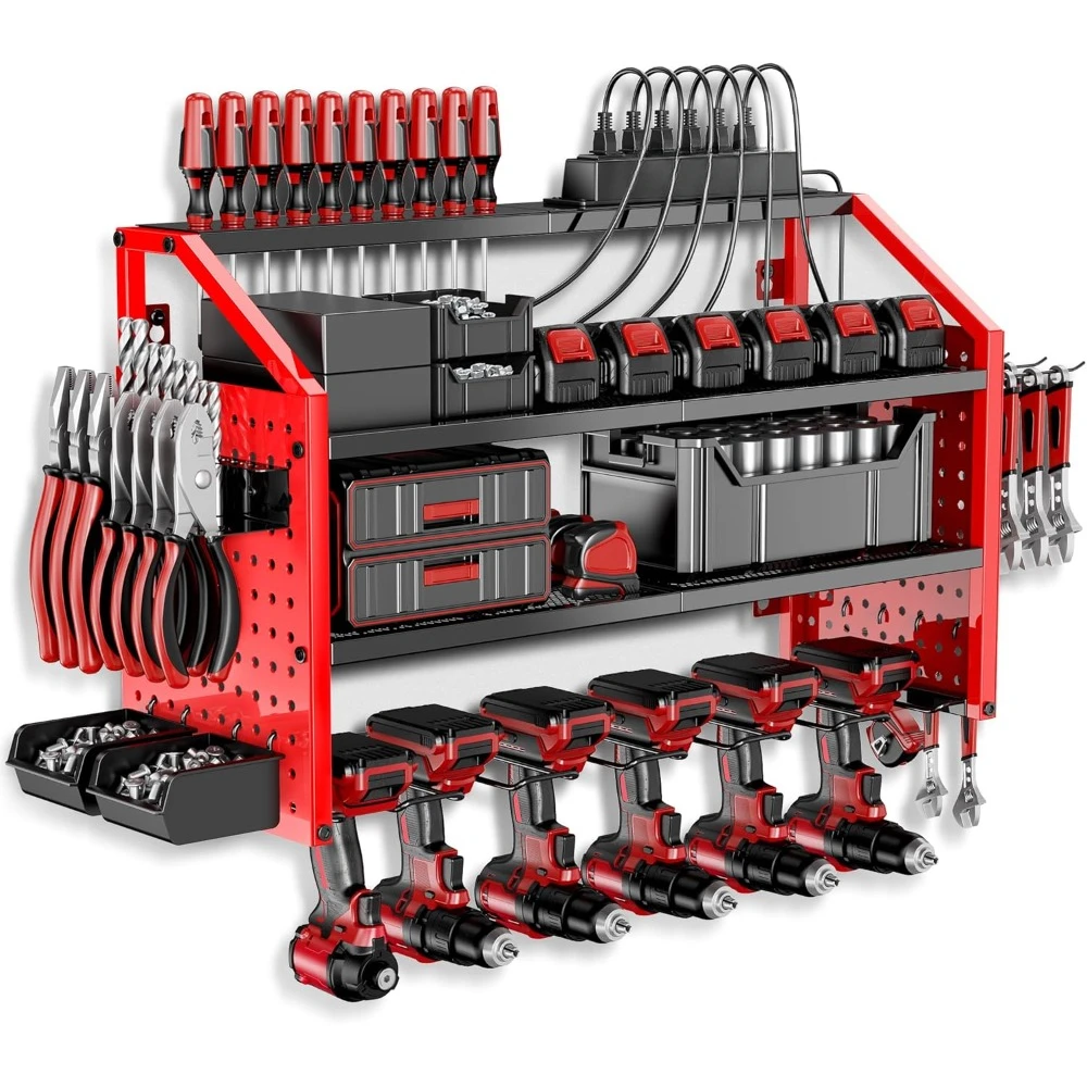 Garage 6 Drill Storage Shelf, 8 Hooks,2 Screw Boxes,6 Outlets Power Strip, Easy Install Power Tool Storage Rack.