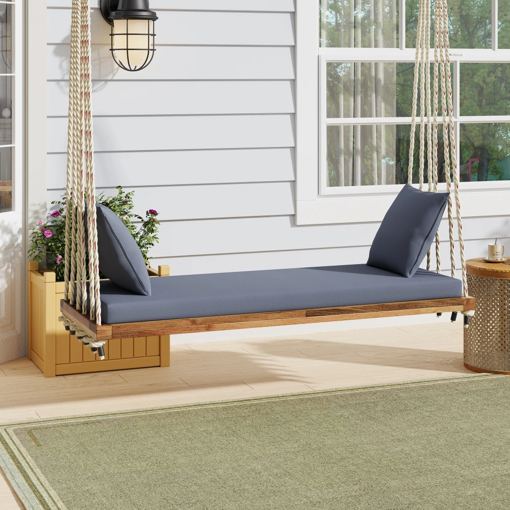 

Patio Wooden Swing Chair, Hanging Porch Swing Bench with Cushion&Pillows, 10.8Ft Hemp Ropes for Garden,Backyard, Lawn,Natural