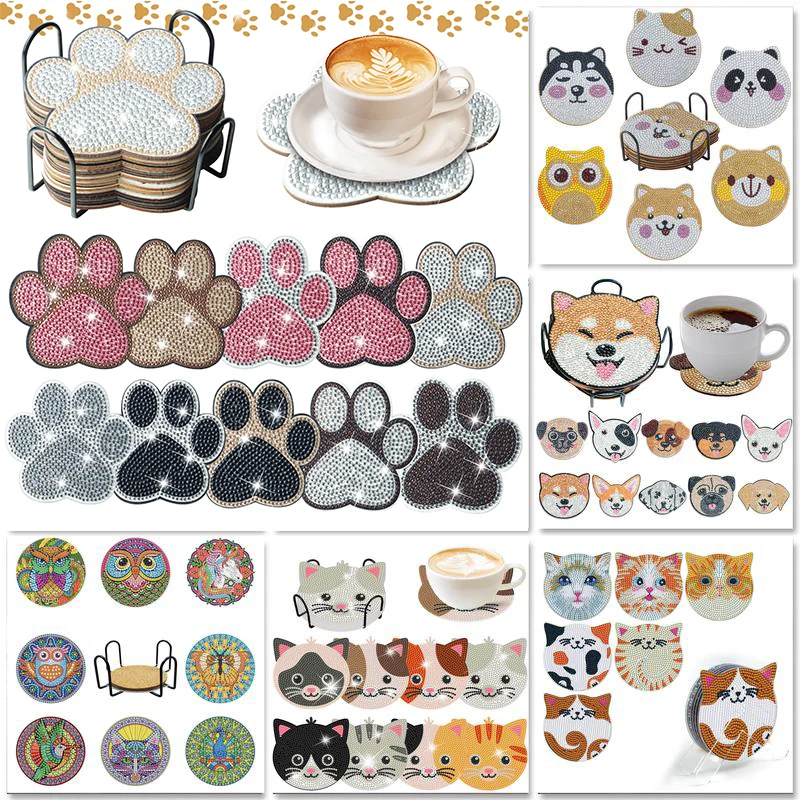 

6/8/10pcs DIY Dog Paw Diamond Painting Coasters Paw Print Diamond Art Coasters with Holder Anti Slip Tablemat for Drinks