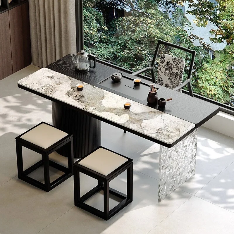 

！@Modern Style Solid Wood Balcony Rock Board Tea Table Chair Combination for Home Office Integrated Iron Living Room Furniture