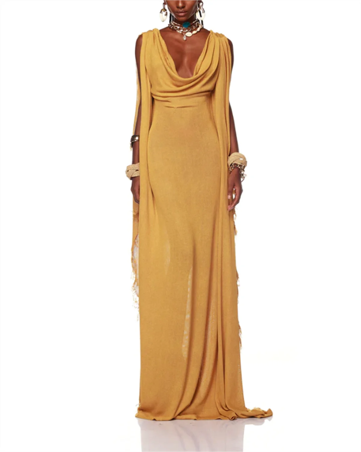 Yellow A-Line Muslim Evening Dress Saudi Arab Hooded V-Neck Sleeveless Slit Special Occasion Formal Gown Longفساتين للحفلات الرا