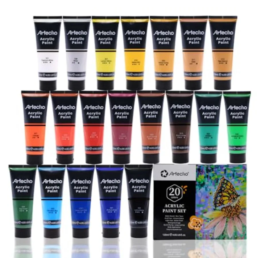 

Professional Acrylic Paint Set, 20 Primary Colors 120ml/ 4.05oz Tubes, Art Craft Paints for Canvas, Rock, Stone, Wood, Fabric,