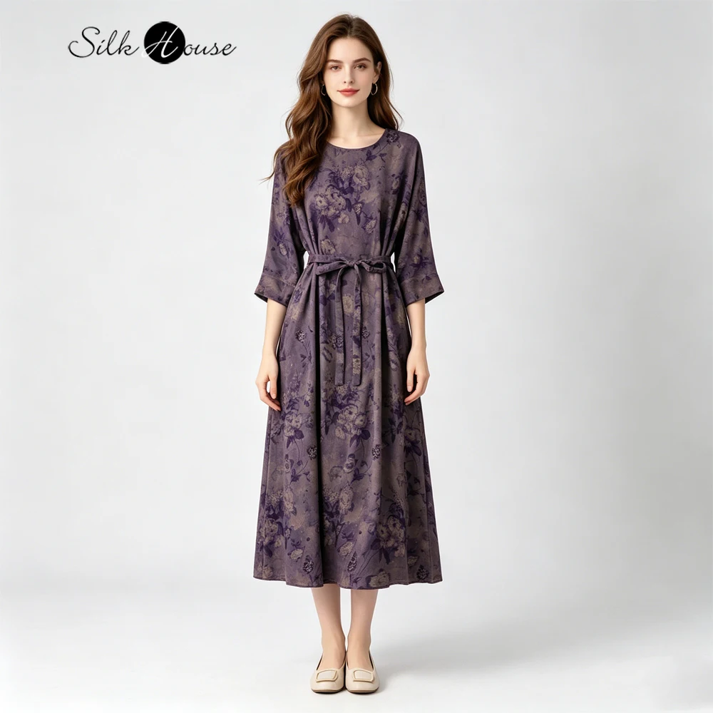 Artistic Tie Dye 100% Natural Mulberry Silk Jacquard Breathable Fragrant Cloud Yarn Round Neck Batwing Sleeve Women's Dress