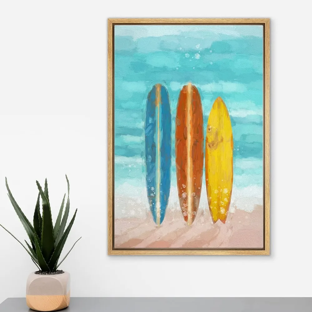 

Framed Canvas Print Wall Art Blue, Red & Yellow Surfboard Trio Coastal for Living Room, Bedroom, Office - 16"x24" Natural
