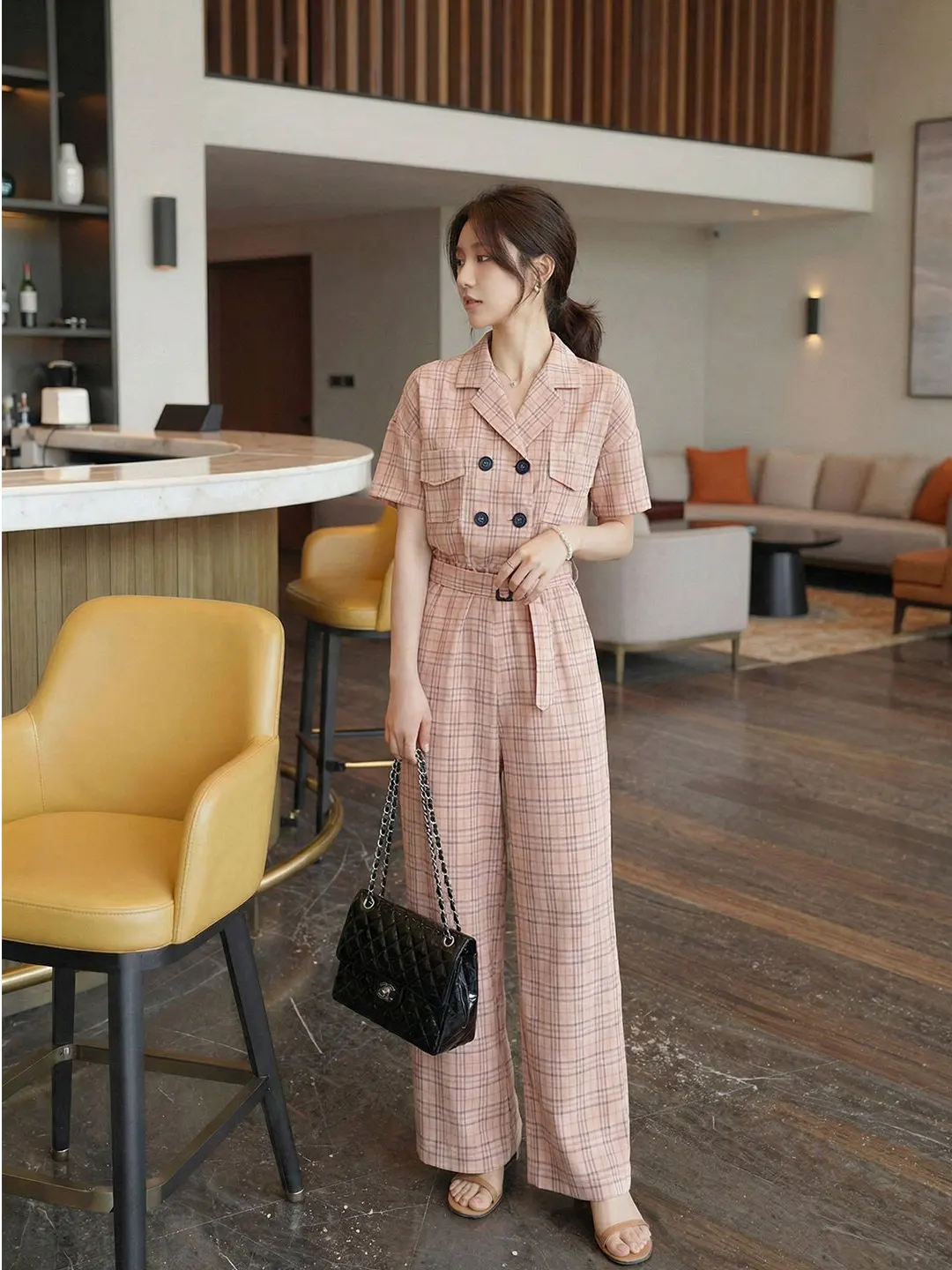 

Plaid Suit Material One-Piece Pants Women's Spring New Light Maturi Sle Ele Faion Double-Breasted Overall Pants