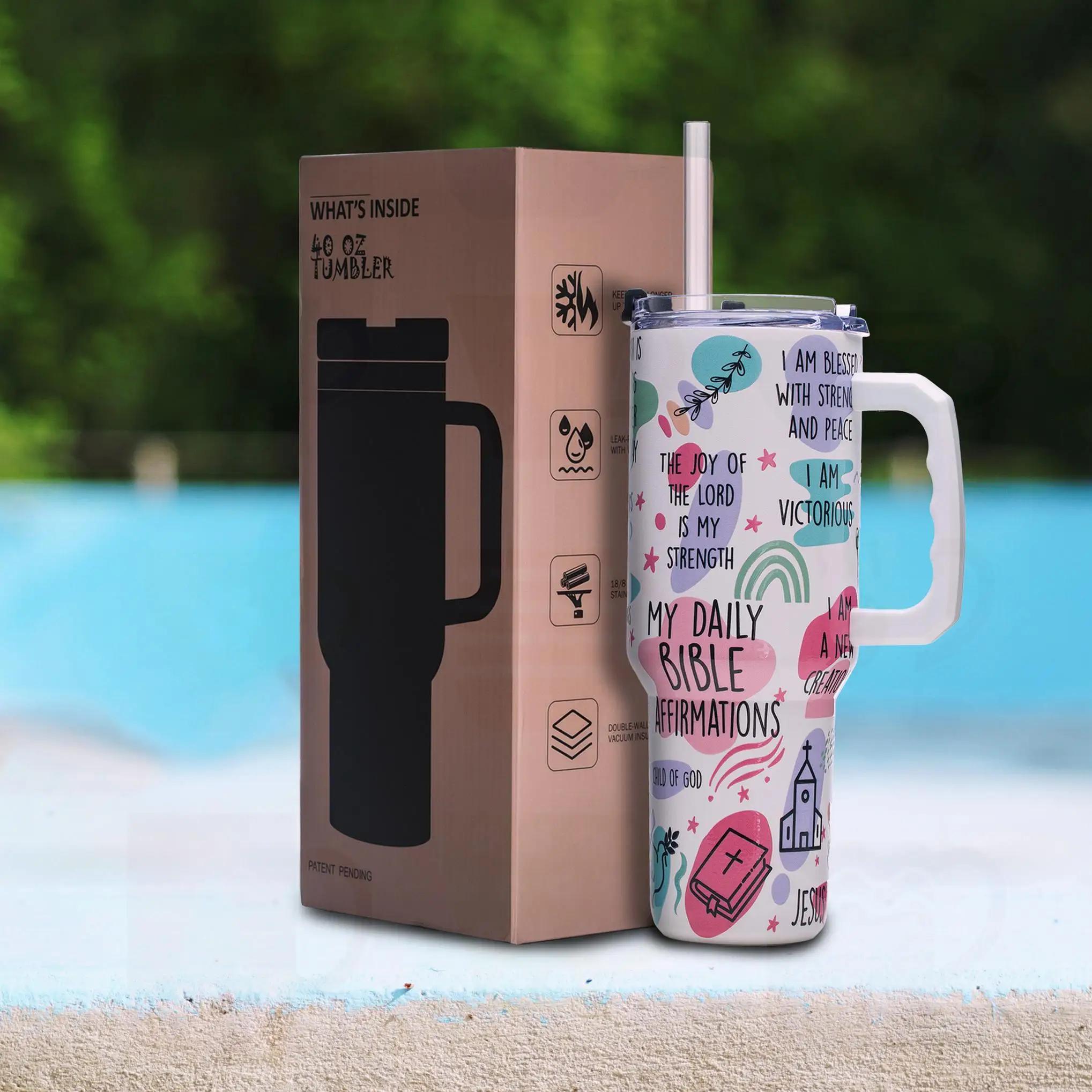 

40oz Scripture Quote Travel Tumbler with Handle, Daily Bible Affirmations Stainless Steel Insulated Mug, Gift for Women of Faith