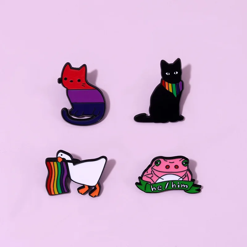 Colorful Animals Enamel Pins Cat Duck and Pink He and Him Frog with Rainbow Scarf Lapel Brooches Backpack Jewely Gifts Wholesale