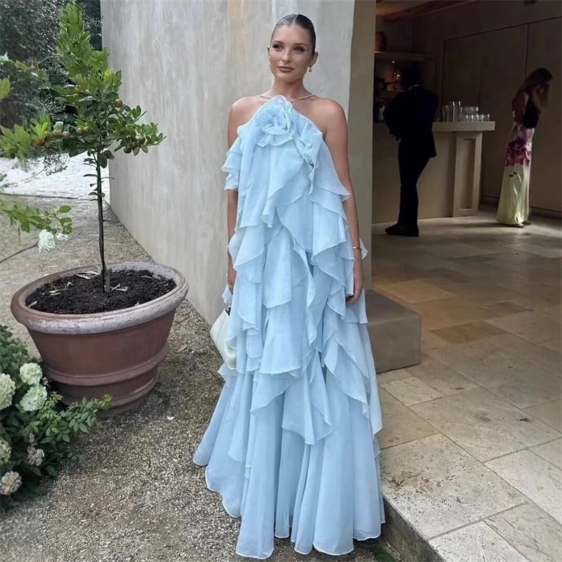 

Elegant 3D Flower Cascading Ruffle Halter Dress Women Solid Sleeveless Backless Lace Up Dresses 2025 Summer Lady Vacation Robes