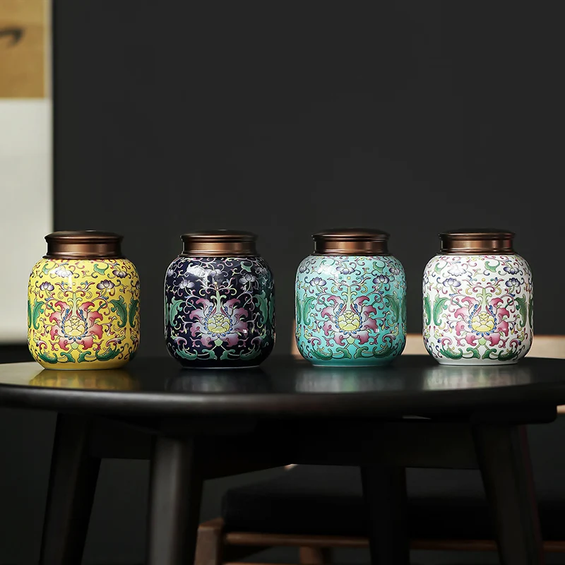 Ceramic Tea Canister with Double-Layer Tin Lid, Enamel Color, Large Size, Single Tea Storage Jar for Rock Tea and Pu'Er Tea