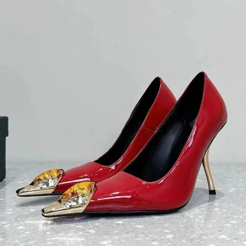 Star style Gemstone Metal Toe Patent Leather Women Pumps Fashion Stiletto High heels Spring Autumn Slingbacks Party Dress Shoes