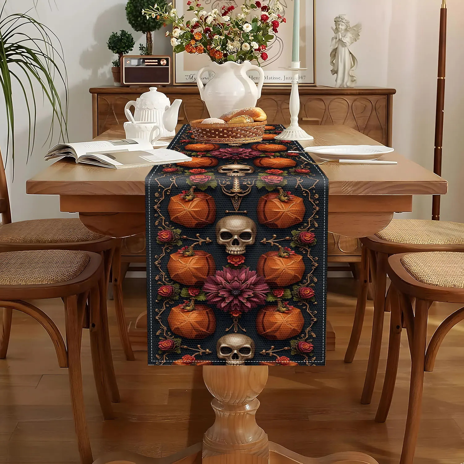 1 Halloween-Themed Embossed Table Runner with Black Background Featuring Pumpkins, Skulls, and Rose Florals, Suitable for Halloween Parties, Themed Restaurants, Horror Atmosphere Decor, Creative Studios, Holiday Decorations, Unique Gifts, Dark-Style Home Decor, and Art Exhibition Scenes