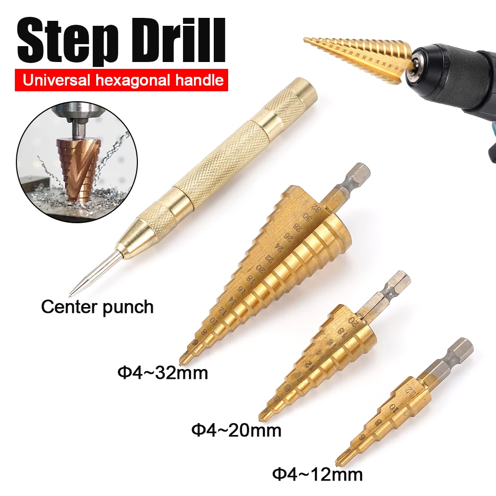

HSS Pagoda Drill Bits High Speed Steel Titanium-Plated Hexagonal Shank Step Drill Bits Woodworking Cone Tools 4-12/4-20/4-32