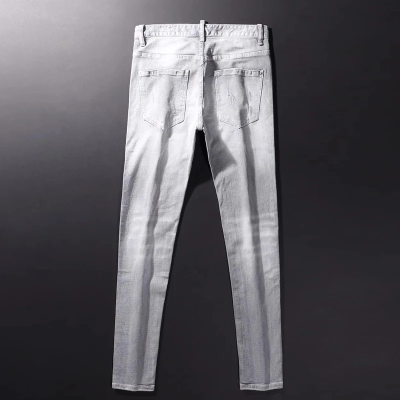 Y2K fashion new men's jeans scratch washed nostalgic stretch slim fit light gray jeans high street hip-hop brand pants