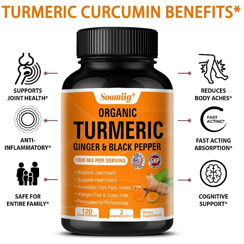 Organic Turmeric Supplement 1500mg Joint & Cell Defense, Black Pepper for Increased Absorption, High Potency Curcumin Supplement