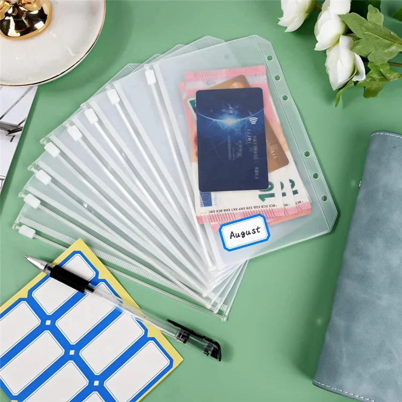 AED5-50PCS A6 Binder Pockets 6 Holes Binder Pouch For 6-Ring Binder PVC Cash Budget Envelopes Zipper Bag