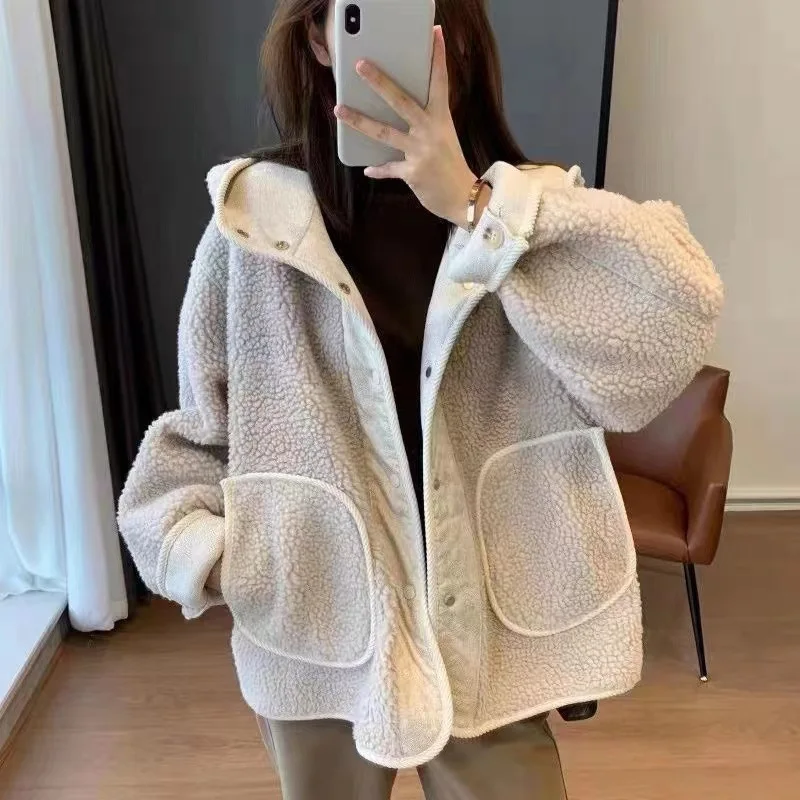 YTJHRG Women\'s Lamb Wool Coat Thick Warm Plush Jackets Streetwear Faux Fur 2024 New Autumn Winter Korean Fashion Female Clothing