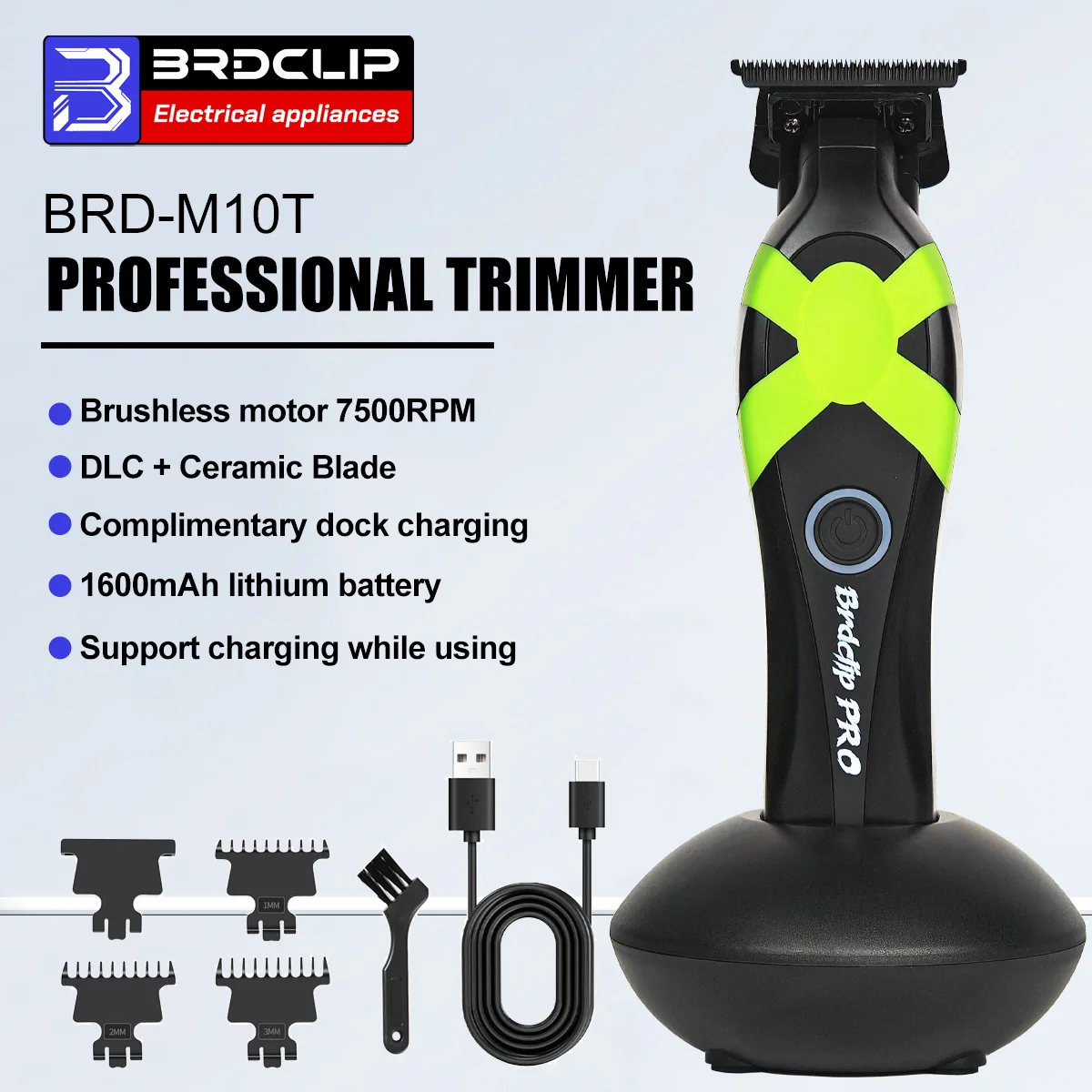 

Новый профессиональный триммер BRDCLIP M10T, бесщеточный двигатель, 75000 об/мин, 1600 мАч, керамическое лезвие DLC с основанием, электрический триммер для мужчин