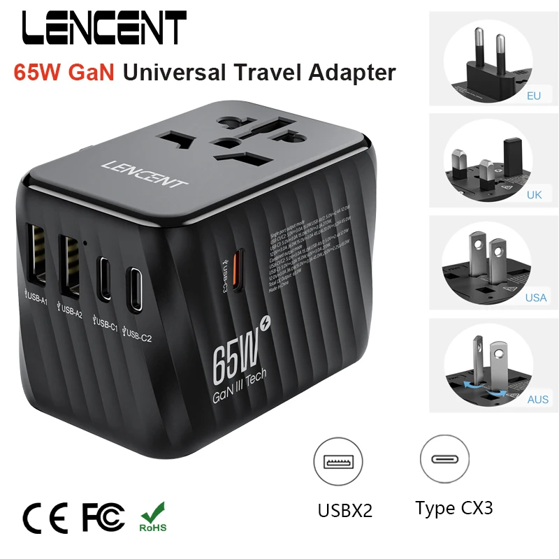 LENCENT 65W GaN Universal Travel Adapter with 2 USB Ports 3 Type C Fast Charging Power Adapter EU/UK/USA/AUS Plug for Travel