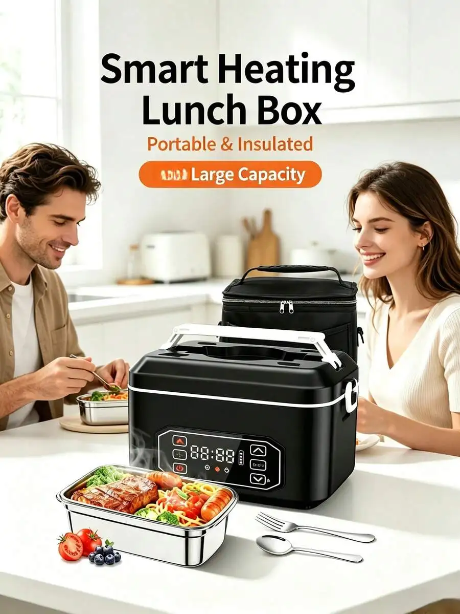 Electric Lunch Box, 1.2L Large Capacity, 24000mAh Rechargeable, Digital Display, Smart Timer, Portable Food Warmer, For Work, Ca