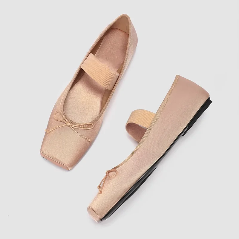 

Fashion Women Casual Shoes Retro Bow Elastic Band Ballet Shoes Square Toe Soft Bottom Flat Shoes Comfortable Slip-on Shoes Women