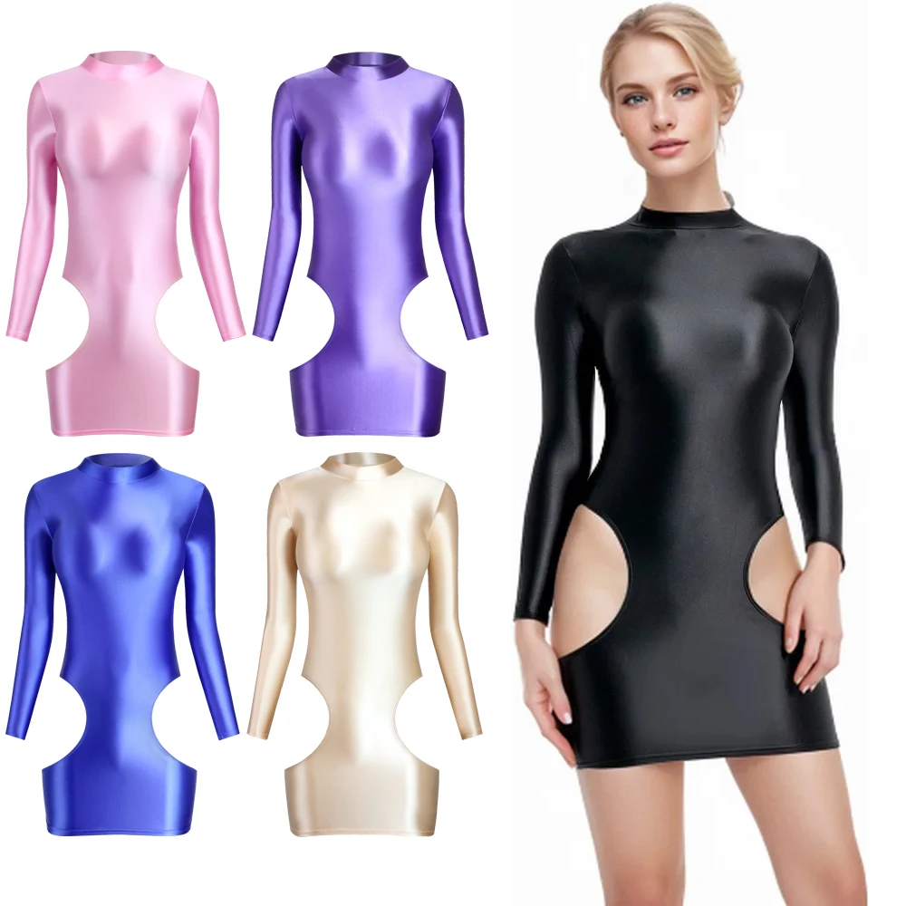 

MJINM Women Sexy Glossy Satin Shiny One-step Skirts With Exposed Hips Bodycon Clubwear Party High Neck Spandex Long Sleeve Dress