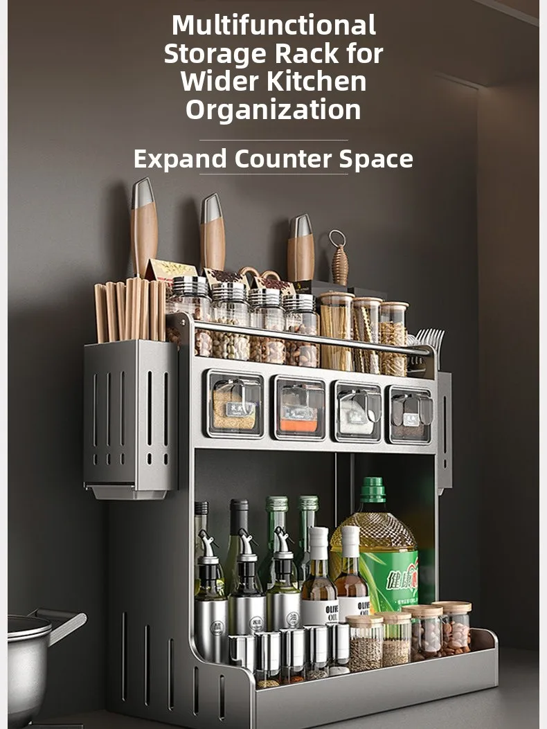 

New Kitchen Spice Rack Multi-Functional Corner Countertop Seasoning Holder Home Use Wall Mounted Storage Shelf Cooking Utensil