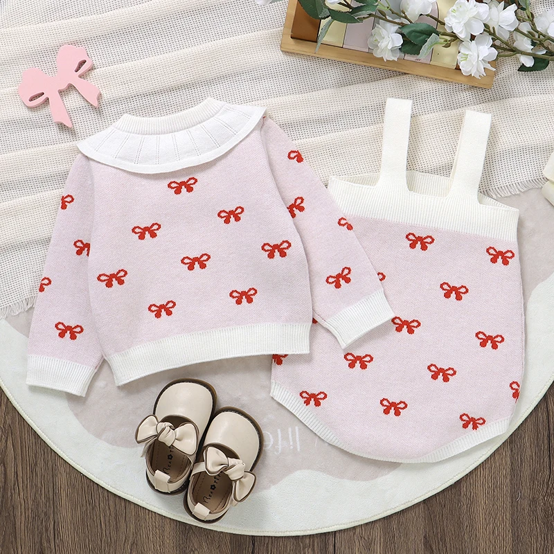 Girls Baby Clothes Set Knitted Newborn Kids Sweater Long Sleeve+Bodysuit 0-18M Fashion Bows Infant Cardigan +Romper 2pcs Autumn