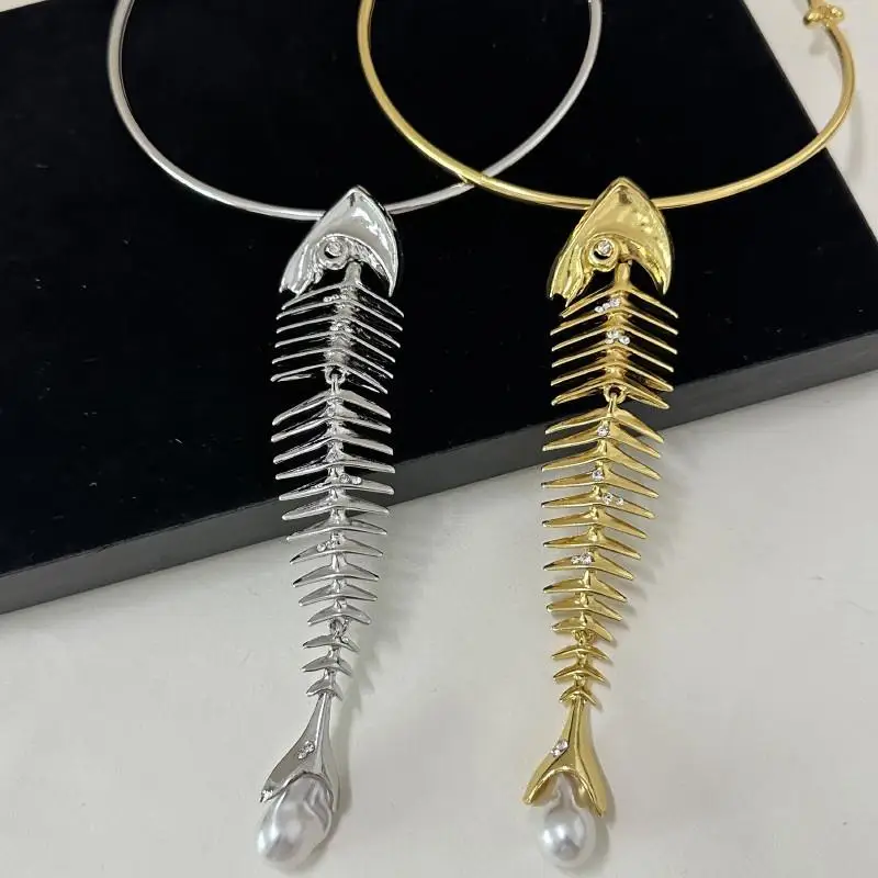 Novelty Design Alloy Big Fish Bone Pendant Choker Necklace For Women Fashion Exaggerated Necklace Jewelry Accessories Gift