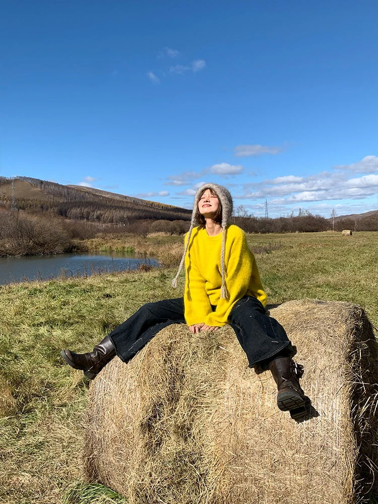 

Вязаный свитер BreezeMood из ярко-желтого кроличьего пуха, теплый, плюшевый, осенне-зимний, с круглым вырезом, женский, модный