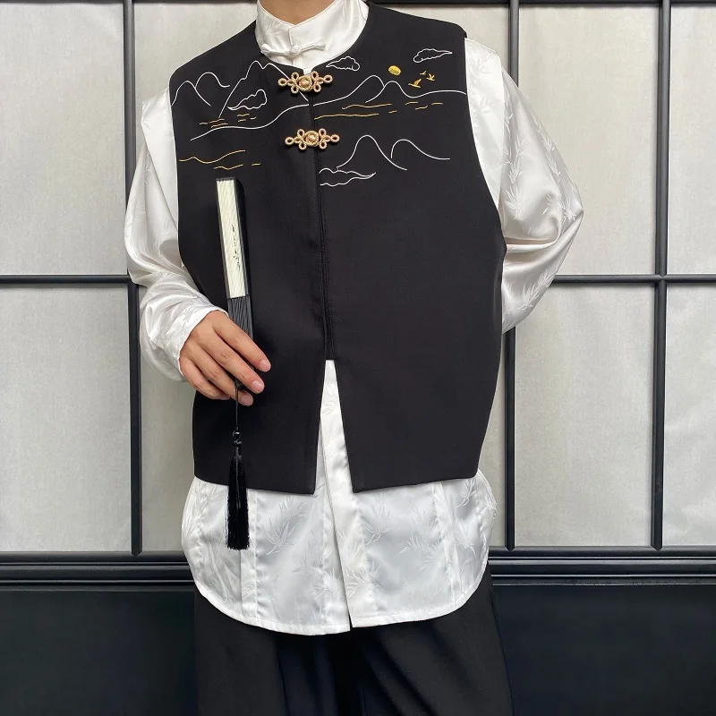 

Осенняя новинка: Мужской жилет в китайском стиле с вышивкой горно-водного пейзажа, металлическими пуговицами, в стиле ретро, национальный стиль, дзен-мотивы