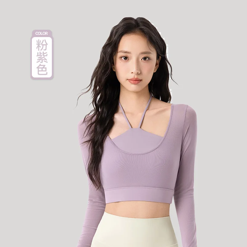 

Women's Yoga Top Short Crop Mesh Long Sleeve Sports Bra Built-in Cups Fixed Pad Fitness Workout Shirt Short Crop Tops Woman Tees